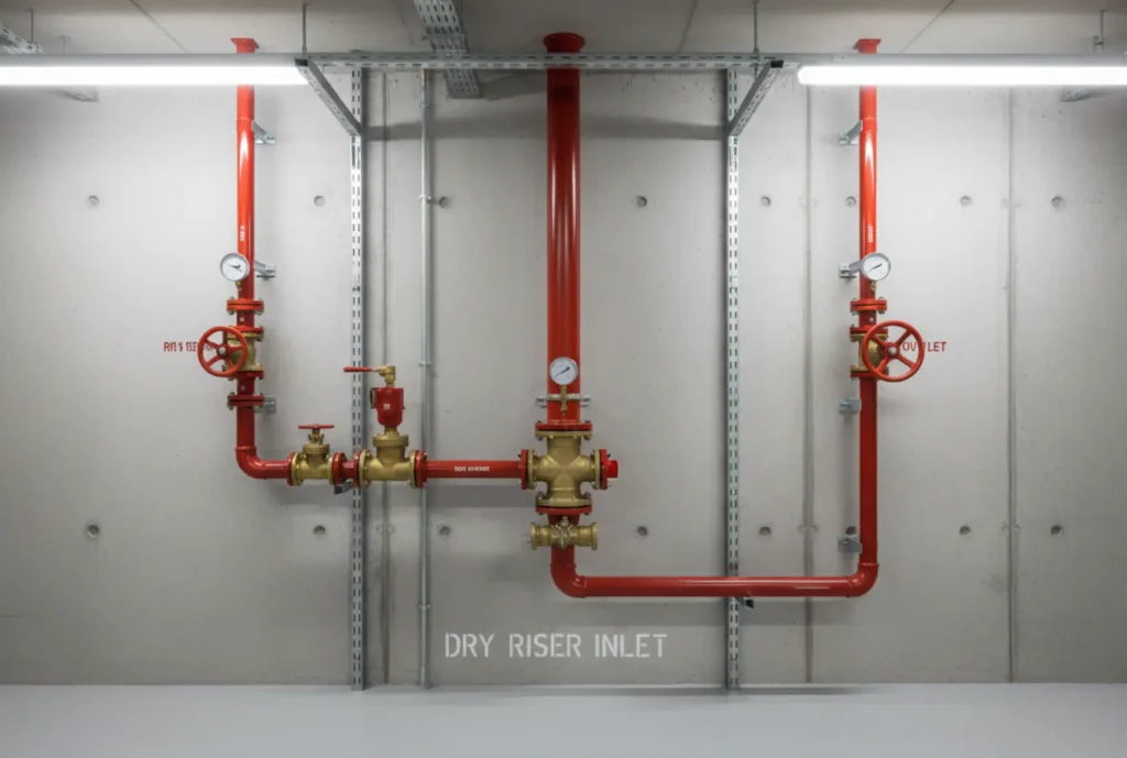 Dry riser fire hydrant system with inlet breeching connection and firefighting pipeline installed inside a commercial building
