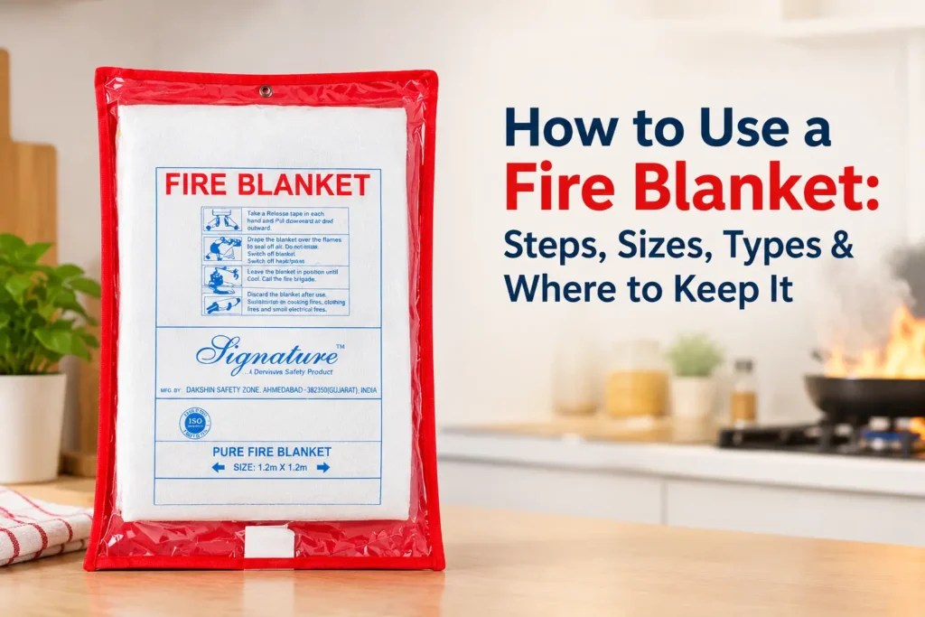 Speciality Geochem fire blanket in quick-release pouch mounted on kitchen wall