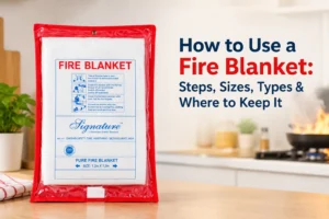 Speciality Geochem fire blanket in quick-release pouch mounted on kitchen wall