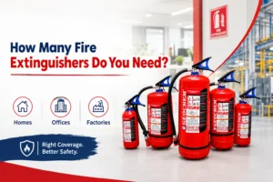 ABC and CO2 fire extinguishers mounted near an exit in an Indian office corridor