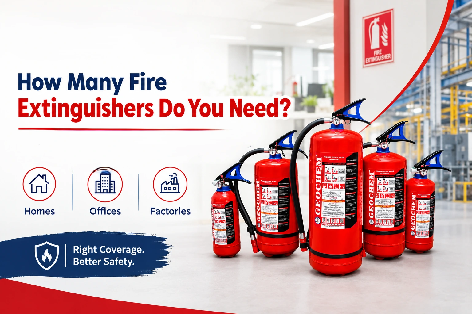 ABC and CO2 fire extinguishers mounted near an exit in an Indian office corridor