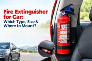 1 kg ABC fire extinguisher for car mounted on a bracket near the driver's seat