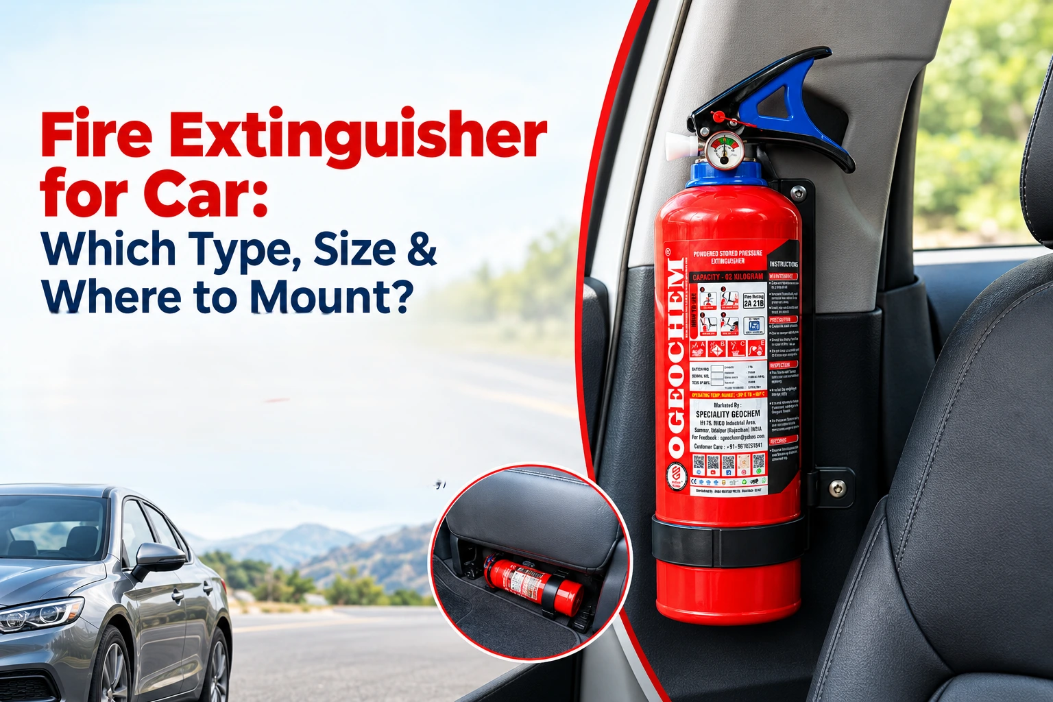 1 kg ABC fire extinguisher for car mounted on a bracket near the driver's seat