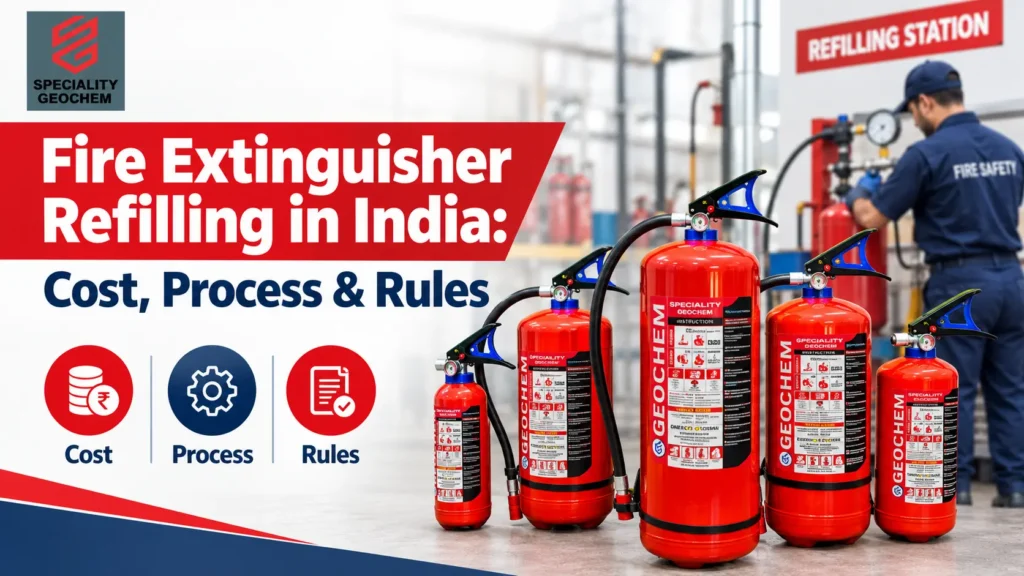 Technician doing fire extinguisher refilling of ABC and CO2 cylinders at a Speciality Geochem workshop in India