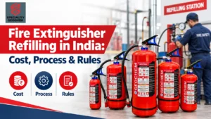 Technician doing fire extinguisher refilling of ABC and CO2 cylinders at a Speciality Geochem workshop in India