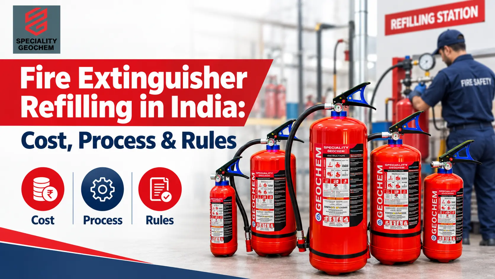 Technician doing fire extinguisher refilling of ABC and CO2 cylinders at a Speciality Geochem workshop in India