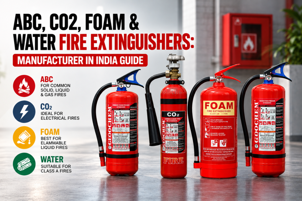 ABC, CO2, foam and water based fire extinguishers side by side from Speciality Geochem