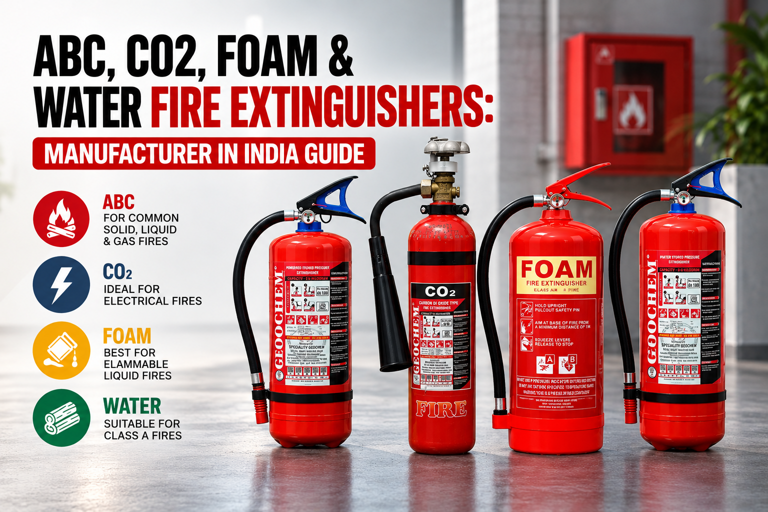 ABC, CO2, foam and water based fire extinguishers side by side from Speciality Geochem
