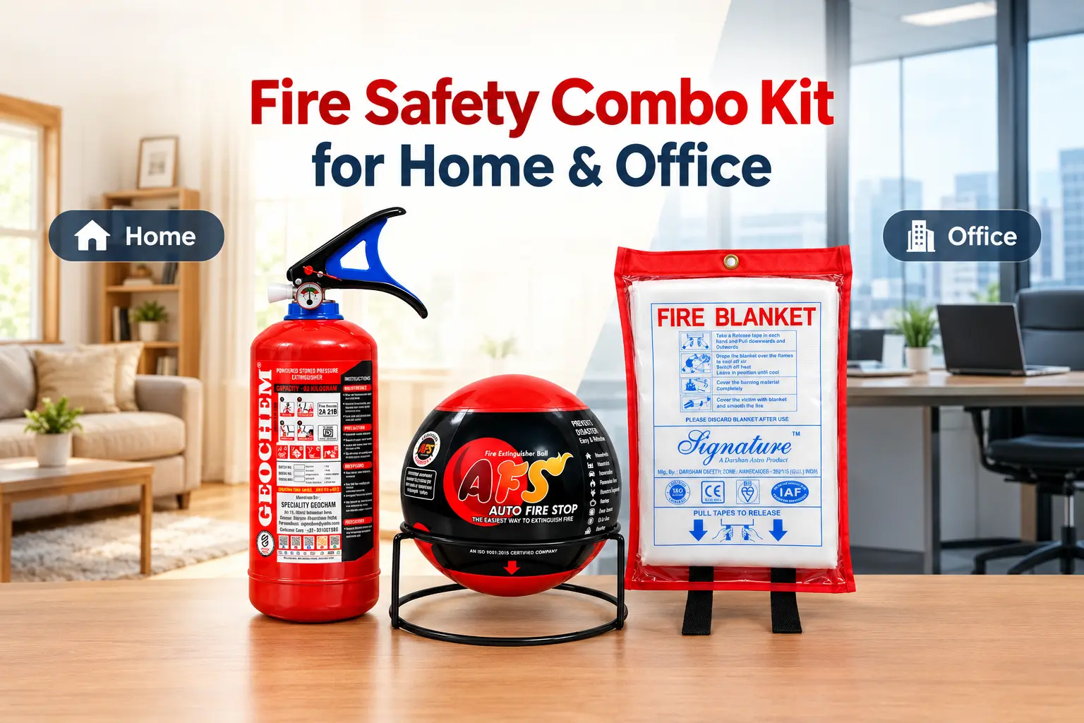 Speciality Geochem fire safety combo kit with fire extinguisher ball, 2 kg ABC fire extinguisher and fire blanket