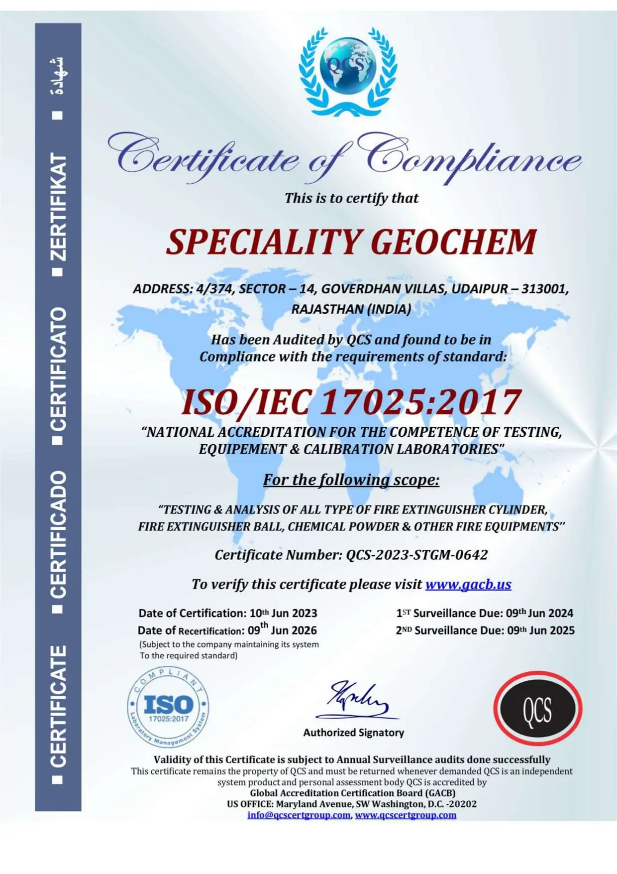 ISO/IEC 17025:2017 calibration laboratory compliance certificate for Speciality Geochem fire blanket manufacturer in India