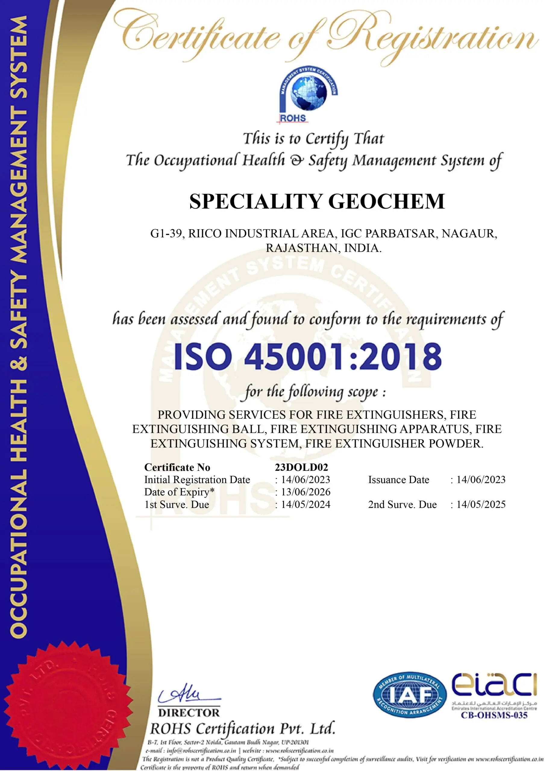 ISO 45001:2018 Occupational Health and Safety Management System certification for Speciality Geochem fire blanket manufacturer in India