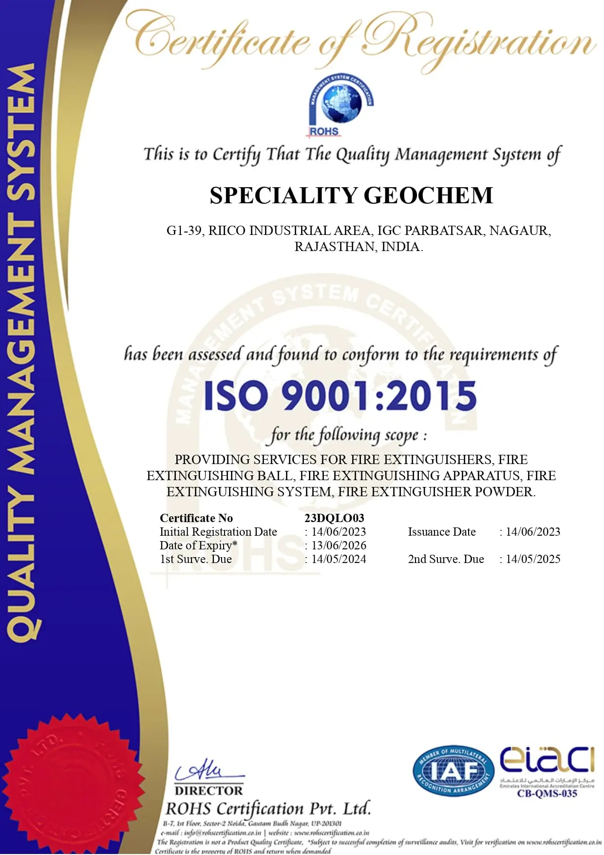 ISO 9001:2015 Quality Management System certification for Speciality Geochem fire blanket manufacturer in India