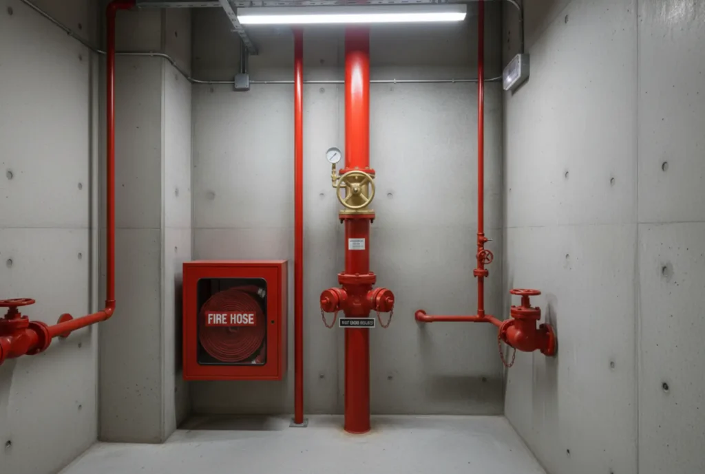Wet riser fire hydrant system with landing valve, fire hose reel, and vertical riser pipe installed inside a high-rise commercial building