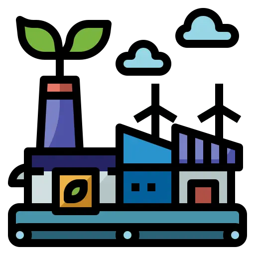 Manufacturing plants icon showing CO2 fire extinguisher for factories machinery panels and industrial fire protection