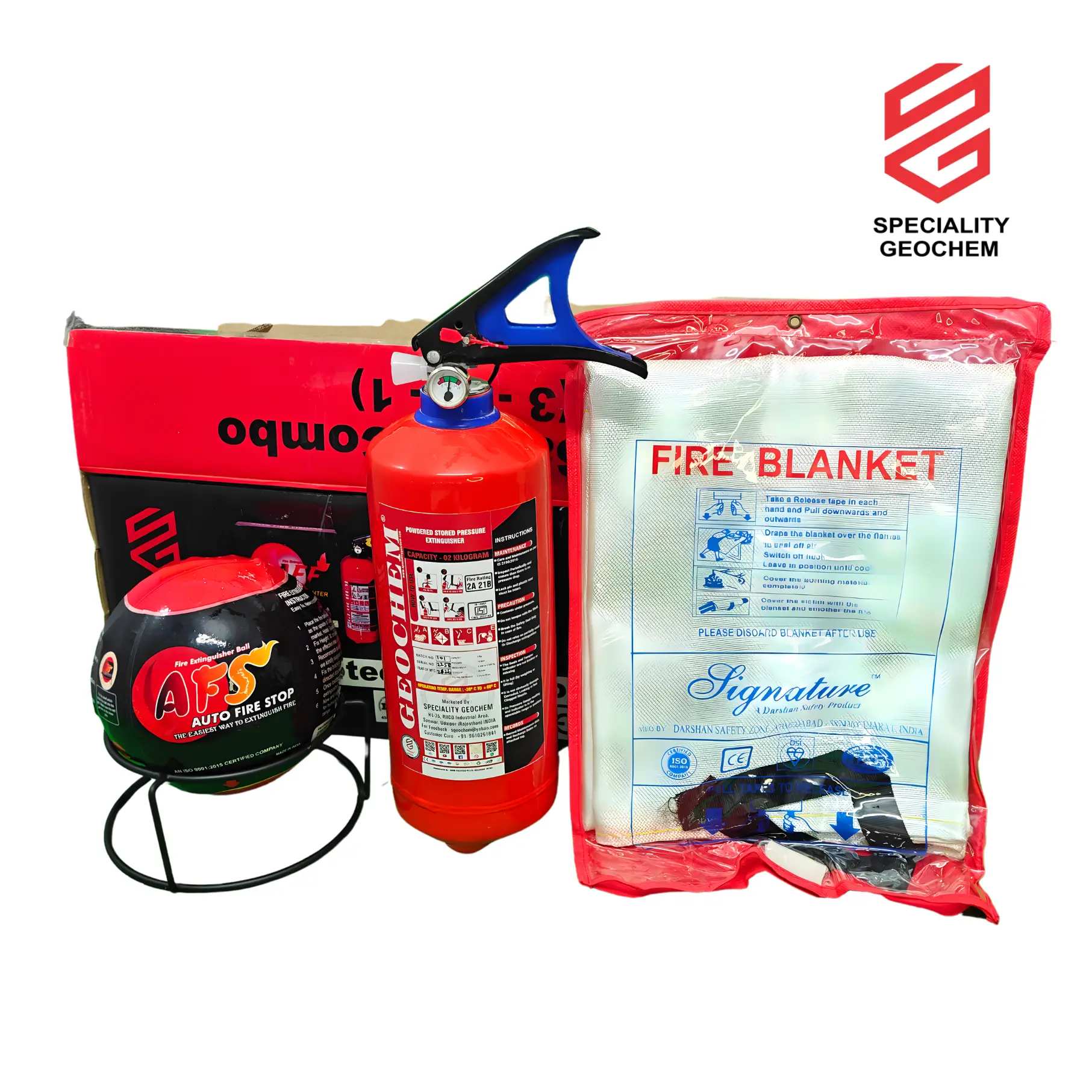 Fire Safety Kit with fire extinguisher ball, ABC extinguisher, and fire blanket by Speciality Geochem