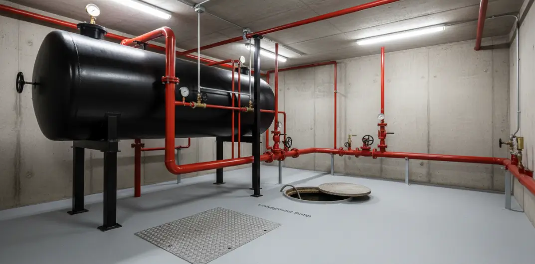 Fire hydrant underground water sump and header tank connected to firefighting pipeline network