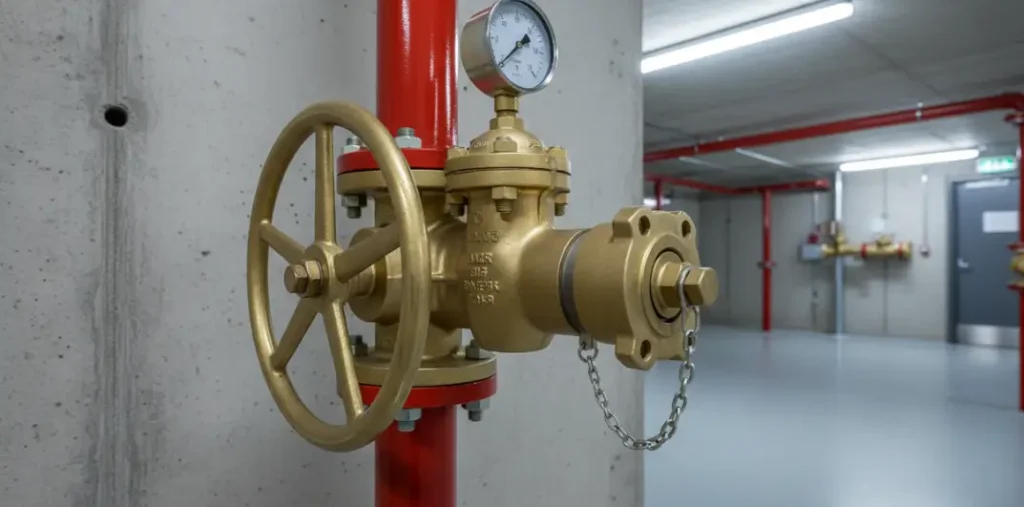 Fire hydrant landing valve with pressure gauge installed on wet riser firefighting pipeline inside a commercial building