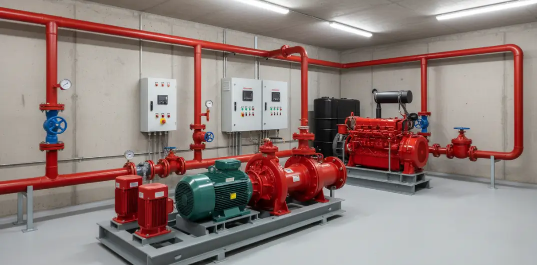 Fire fighting pump room with main electric pump, jockey pump, diesel backup pump, and hydrant pipeline network