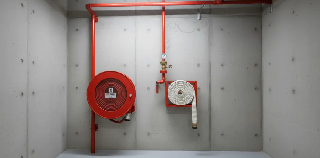 Fire hose reel and hydrant hose cabinet installed inside a commercial fire protection system in India