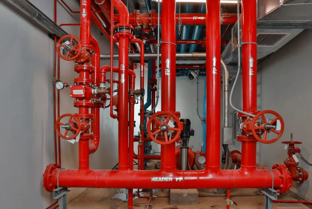 Fire hydrant system with red MS pipelines, landing valves, and fire fighting pump installation inside a commercial building in India
