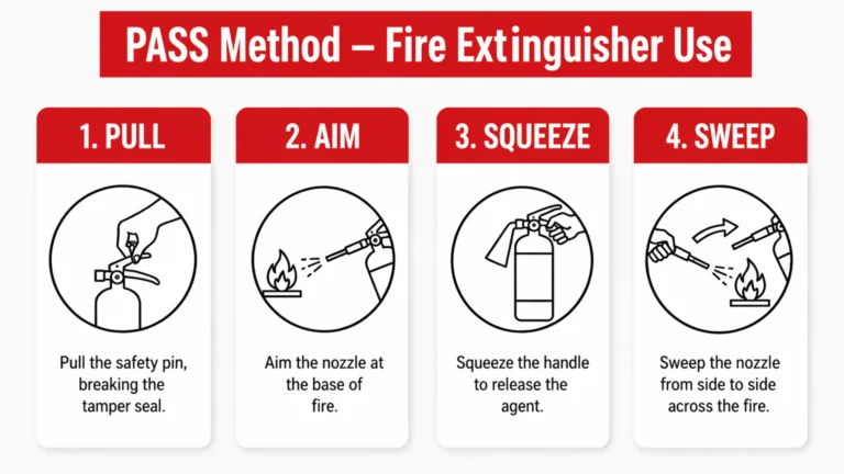 PASS method fire extinguisher steps showing Pull Aim Squeeze Sweep for correct fire extinguisher use
