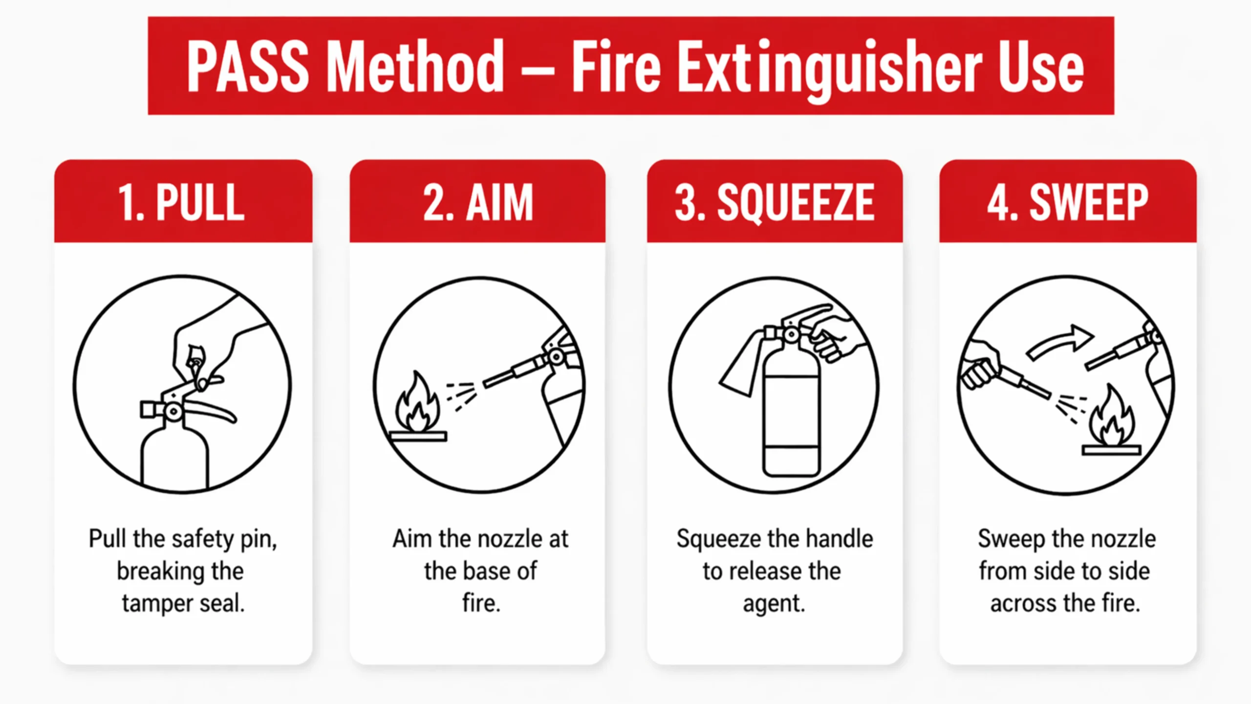 PASS method fire extinguisher steps showing Pull Aim Squeeze Sweep for correct fire extinguisher use