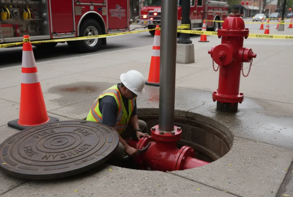 Underground fire hydrant system with standpipe connection installed below road level in an urban commercial area